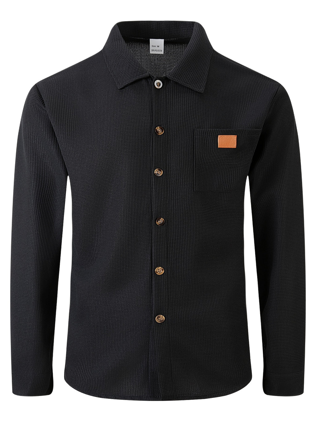 Men Fall Winter Waffle Knit Shacket, Long Sleeve Button Up Collared Shirt Jacket with Pocket, Casual Overshirt Outer Coat, Solid, Comfortable, Loose Fit - Black
