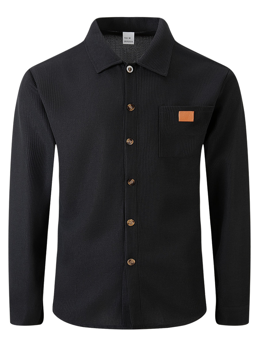Men Fall Winter Waffle Knit Shacket, Long Sleeve Button Up Collared Shirt Jacket with Pocket, Casual Overshirt Outer Coat, Solid, Comfortable, Loose Fit - Black