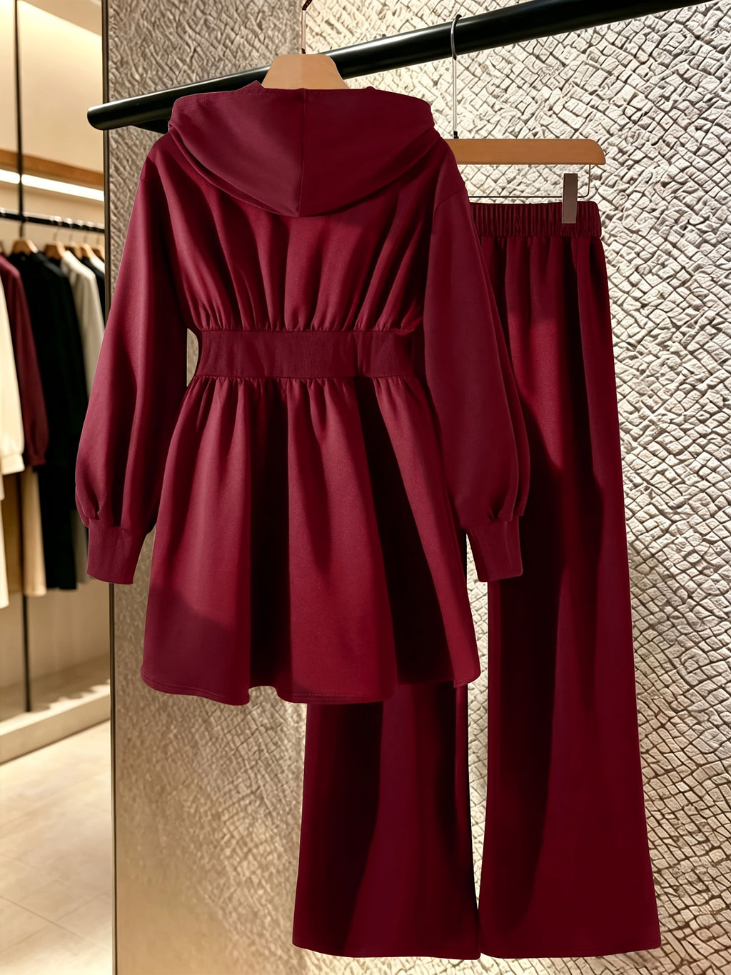2pcs Set: Mid-length Hooded Zip-up Cardigan + High-waisted Drapey Wide-leg Pants - Burgundy