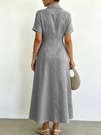 Women's Blended Fabric Shirt Dress with Lapel Collar, Half-Button Short Sleeves, A-Line Midi Length, Summer Casual Light Business Commuter Dress - Grey