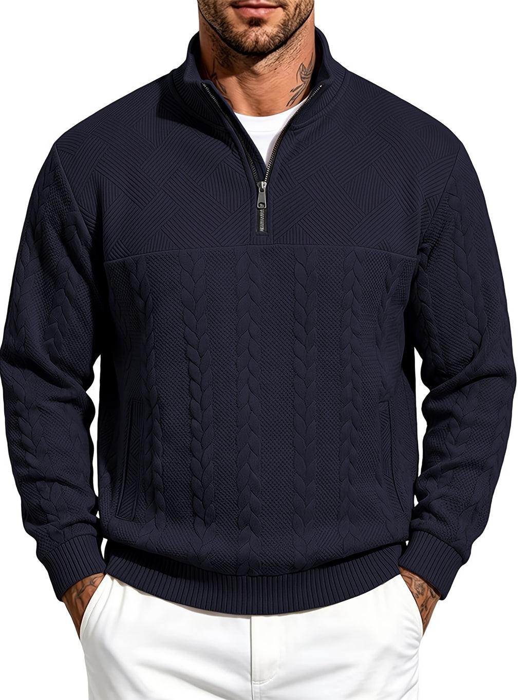 Whale Crossing OBM Men's Spring, Autumn, Winter Classic Fashion Italian Milanese Label Knitted Cable Knit Stand Collar Sweatshirt - Navy Color