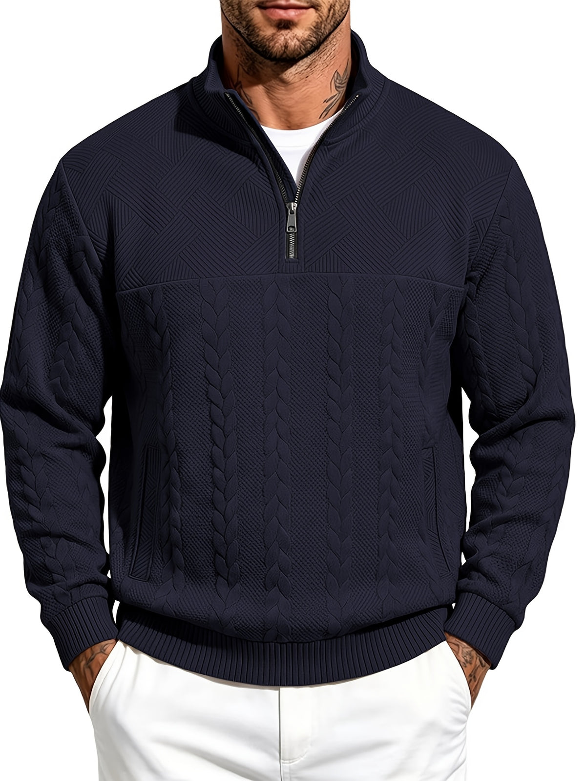 Whale Crossing OBM Men's Spring, Autumn, Winter Classic Fashion Italian Milanese Label Knitted Cable Knit Stand Collar Sweatshirt - Navy Color