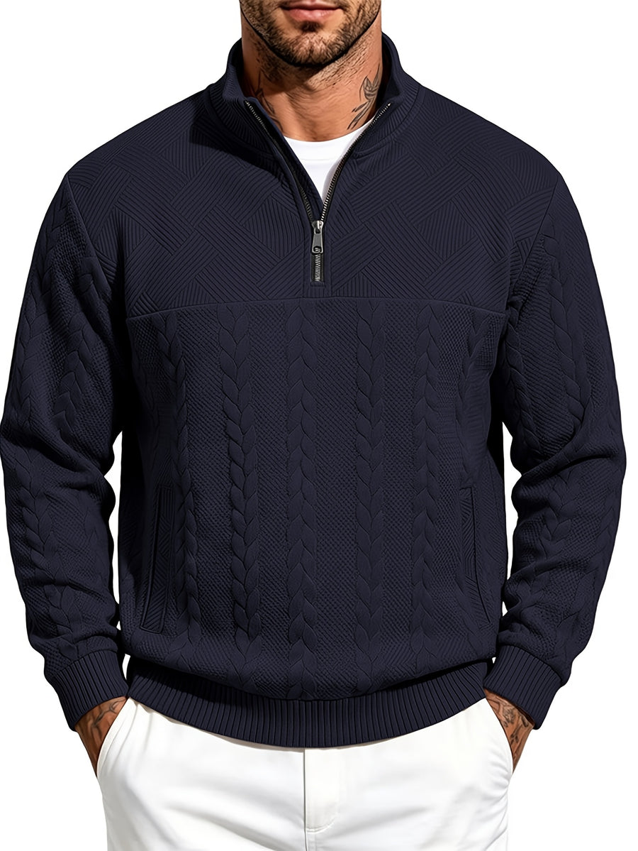 Whale Crossing OBM Men's Spring, Autumn, Winter Classic Fashion Italian Milanese Label Knitted Cable Knit Stand Collar Sweatshirt - Navy Color
