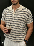 Men'S Knit Pullover Shirt Textured Striped Short Sleeve Thin Knit Men'S Summer Korean Style Outfit Premium Fashion Commute Short Sleeve Top in Stock - Apricot