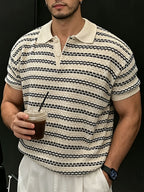 Men'S Knit Pullover Shirt Textured Striped Short Sleeve Thin Knit Men'S Summer Korean Style Outfit Premium Fashion Commute Short Sleeve Top in Stock - Apricot