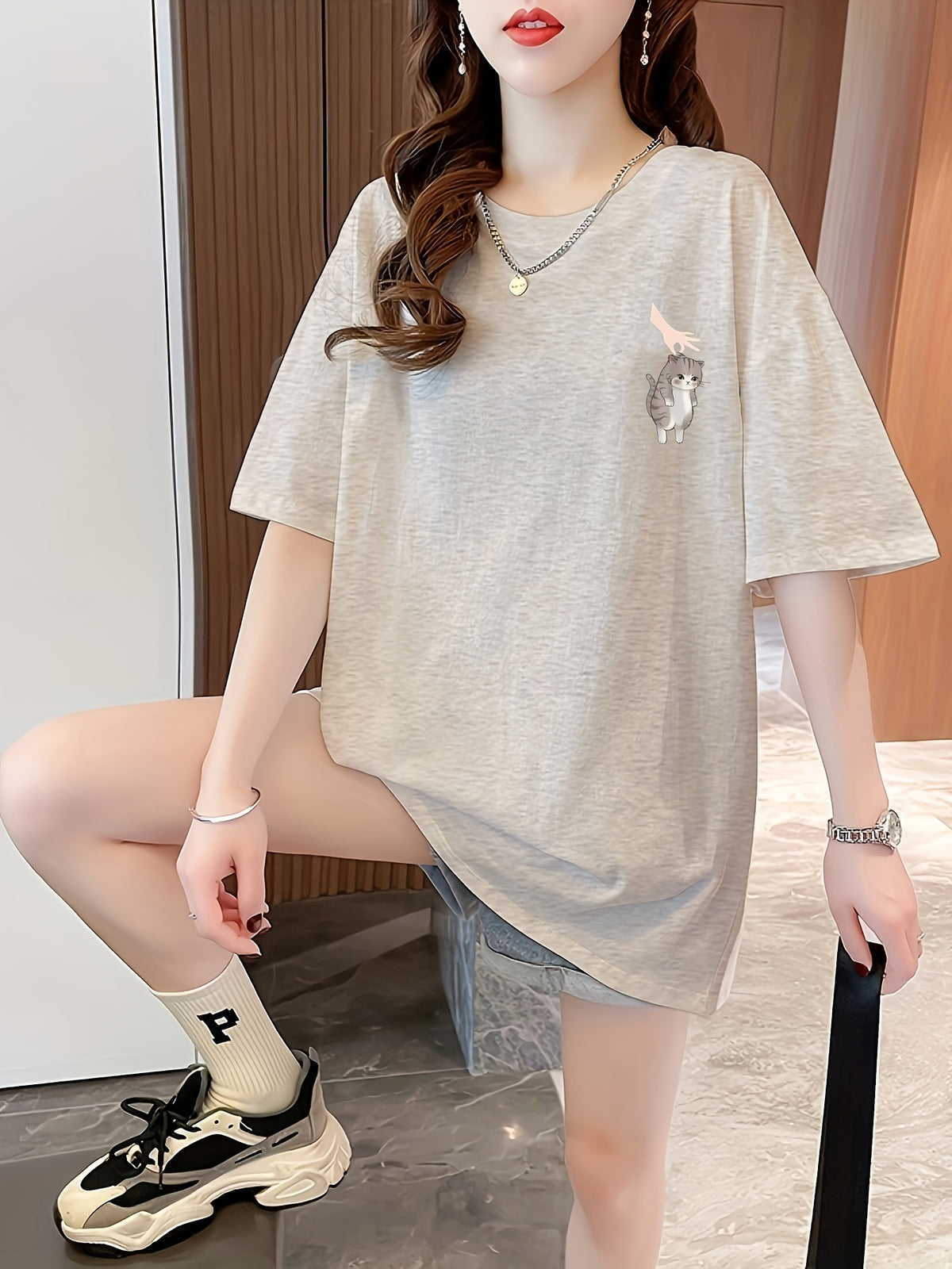 Women's Short Sleeve T-Shirt with Front and Back Print, Pure - White Gray