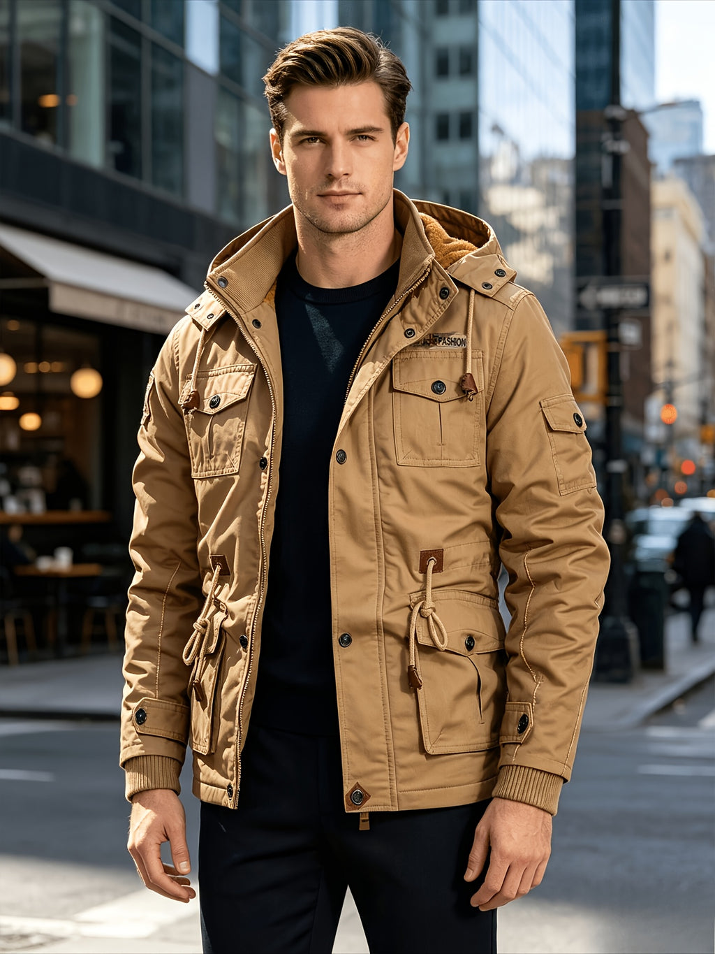 TNZI Men' Vintage Washed Hooded Cargo Jacket - Multi-Button & Zipper Hooded Coat with Collar, Half-Door Zipper Closure, Button Utility Outerwear Suitable for Business Commute, Outdoor Hiking, Winter Streetwear Jacket - Yellowish-brown