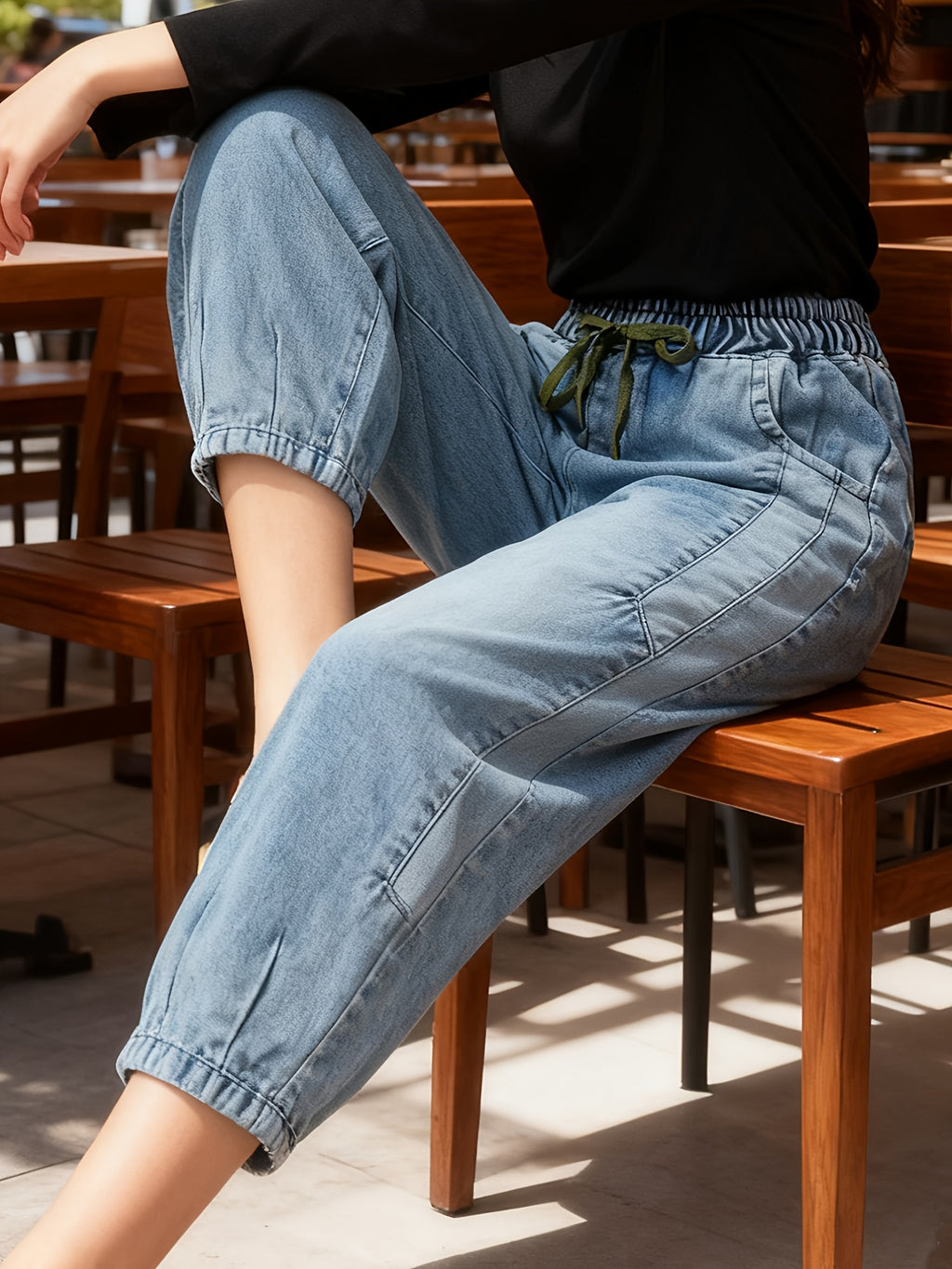 2025 Spring/Autumn Vintage Distressed Jeans, Loose-Fit Cropped Harem Pants with High Waist for a Effect, Unique Dad Jeans, Trendy Ins-Style Pants, Artistic Cuffed Ankle Pants - Light Blue