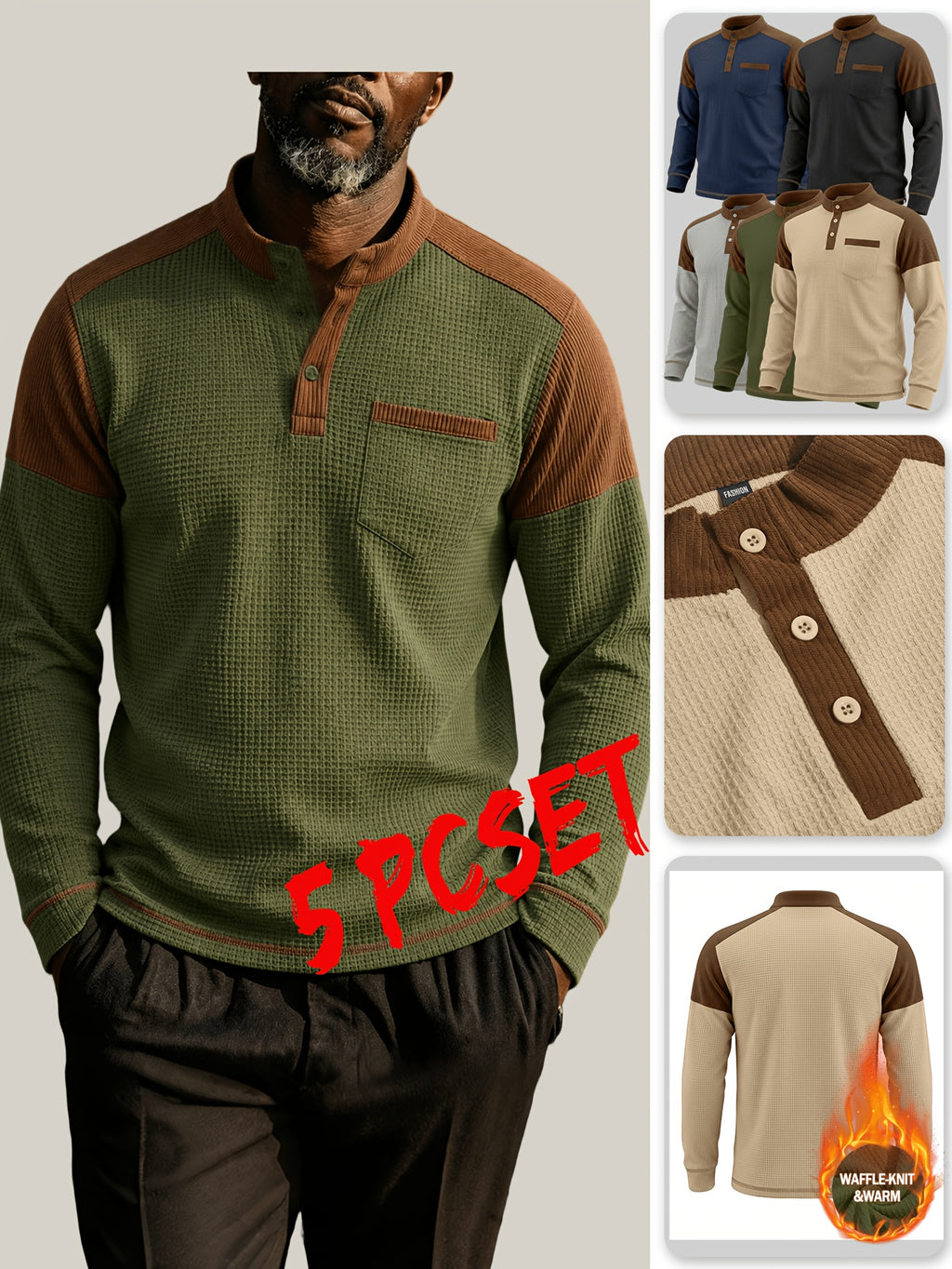 Xingfan OBM 5pcs Set Men's Waffle Knit Henley Long-Sleeve Top, Contrast Corduroy Patchwork, Half-Button Stand Collar, Vintage Casual, Autumn/Winter Warm Multi-Color Set - Mixed colors