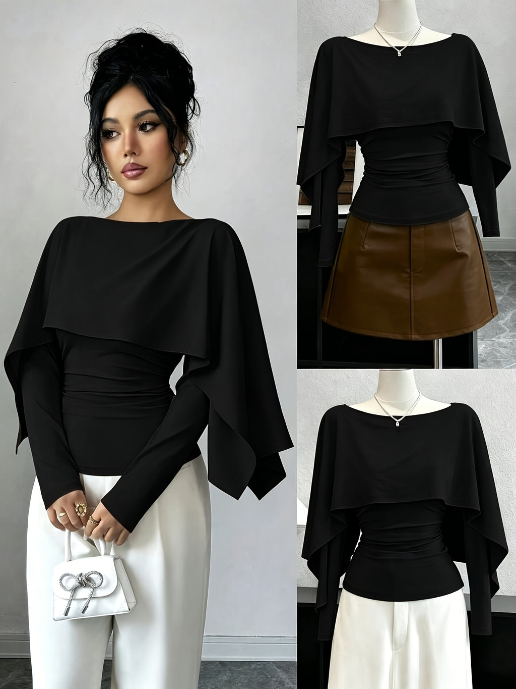 Women's Fashionable Solid-color V-neck Pleated Shawl-style Long-sleeved Fitted T-shirt with Side Pleats for Waist Shaping and an Irregular Shawl Design as a Base Layer T-shirt, Suitable for Early Autumn Season. - Black