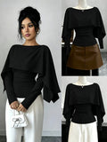Women's Fashionable Solid-color V-neck Pleated Shawl-style Long-sleeved Fitted T-shirt with Side Pleats for Waist Shaping and an Irregular Shawl Design as a Base Layer T-shirt, Suitable for Early Autumn Season. - Black