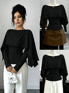 Women's Fashionable Solid-color V-neck Pleated Shawl-style Long-sleeved Fitted T-shirt with Side Pleats for Waist Shaping and an Irregular Shawl Design as a Base Layer T-shirt, Suitable for Early Autumn Season. - Black