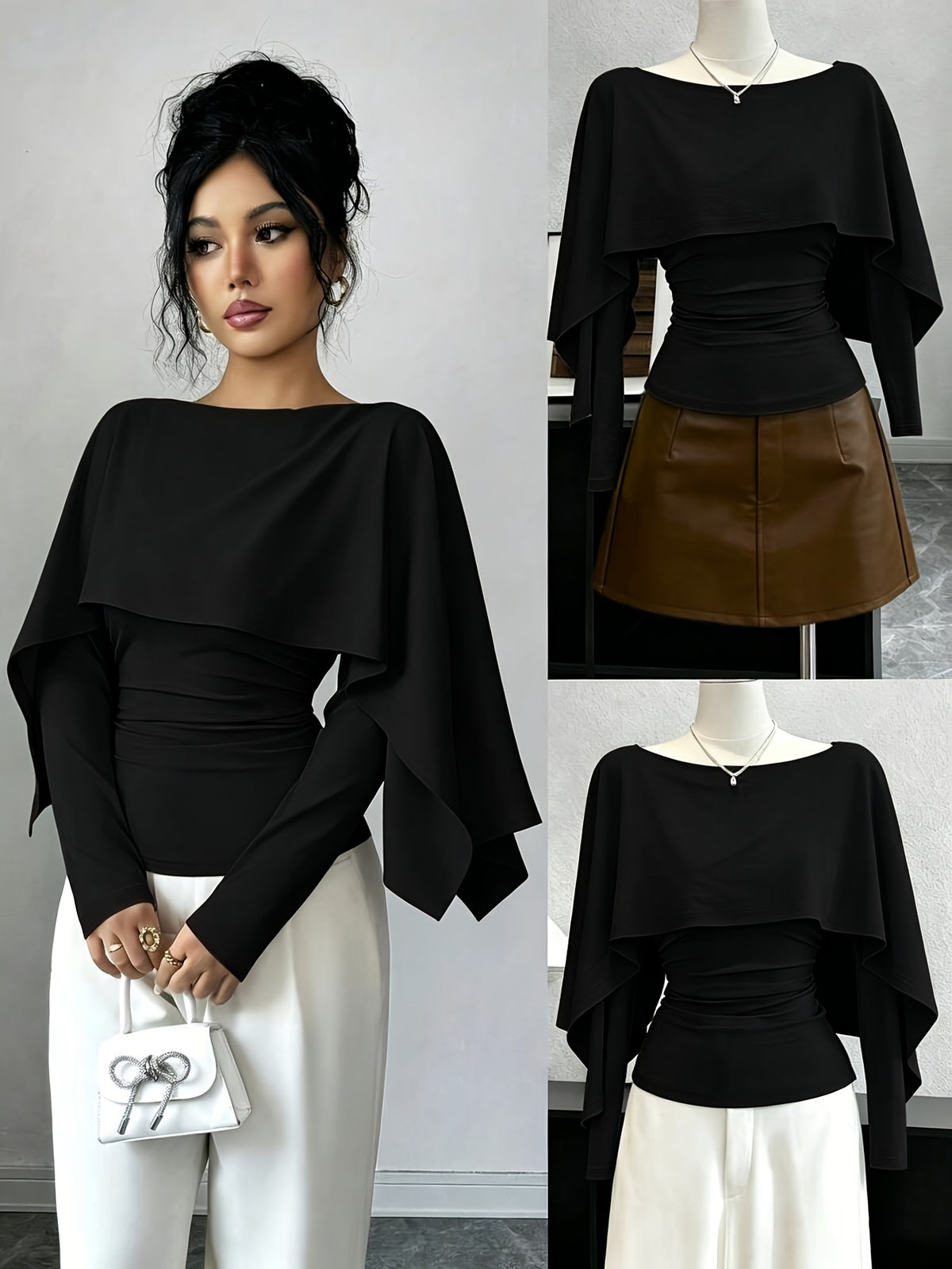 Women's Fashionable Solid-color V-neck Pleated Shawl-style Long-sleeved Fitted T-shirt with Side Pleats for Waist Shaping and an Irregular Shawl Design as a Base Layer T-shirt, Suitable for Early Autumn Season. - Black