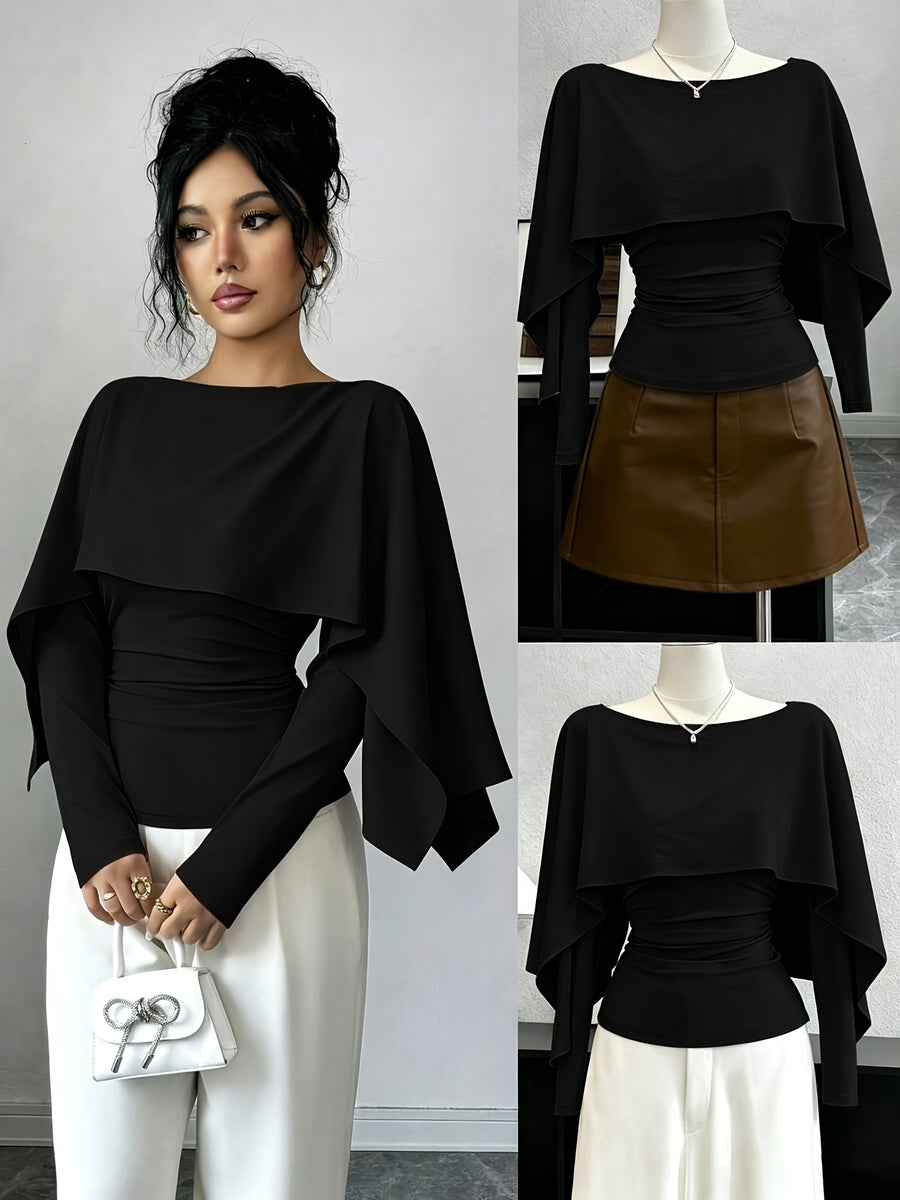 Women's Fashionable Solid-color V-neck Pleated Shawl-style Long-sleeved Fitted T-shirt with Side Pleats for Waist Shaping and an Irregular Shawl Design as a Base Layer T-shirt, Suitable for Early Autumn Season. - Black