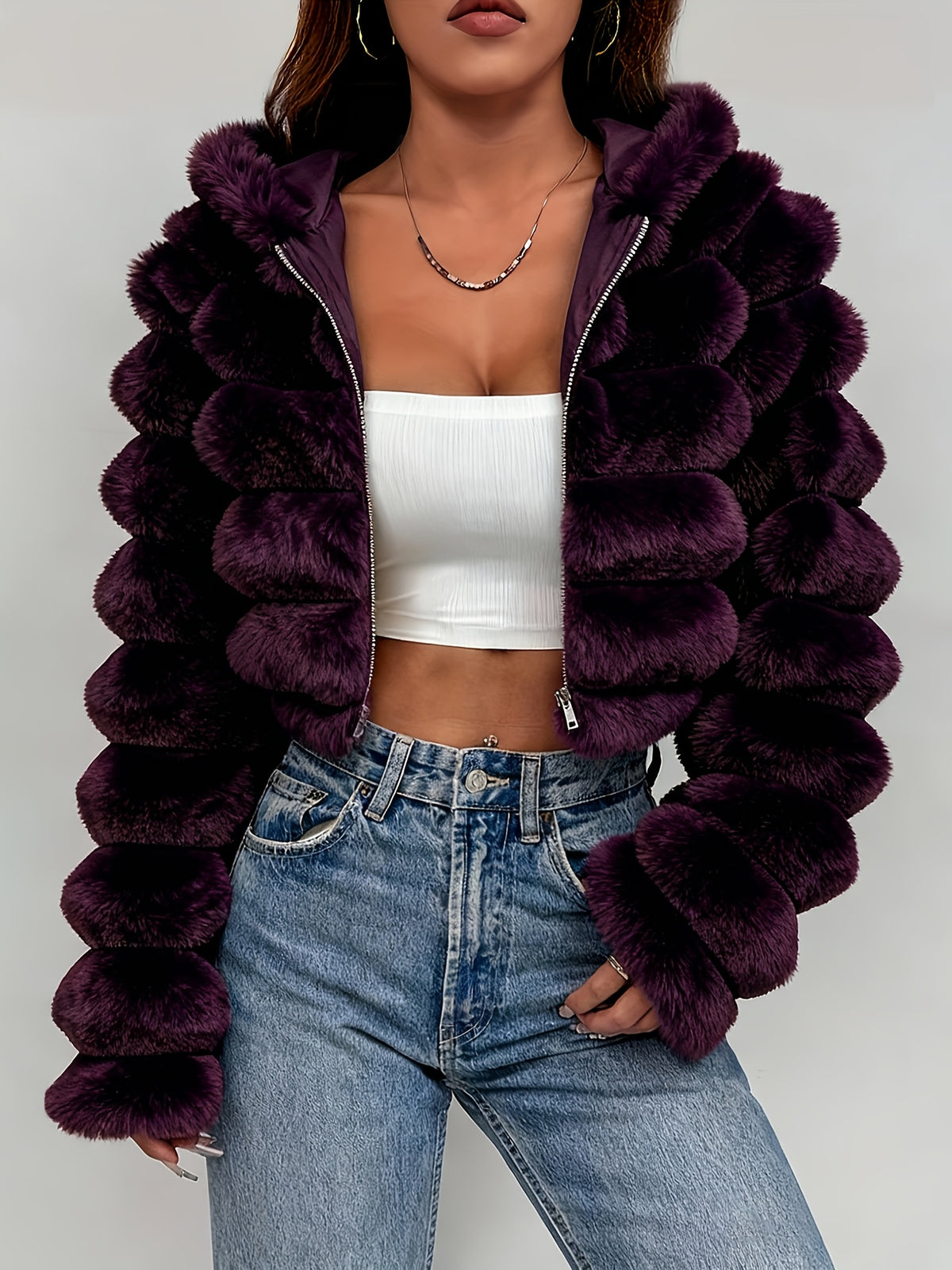 New Autumn/Winter 3D Effect Women's Hooded Plush Jacket, a Stylish and Warm Autumn/Winter Outfit - Purple