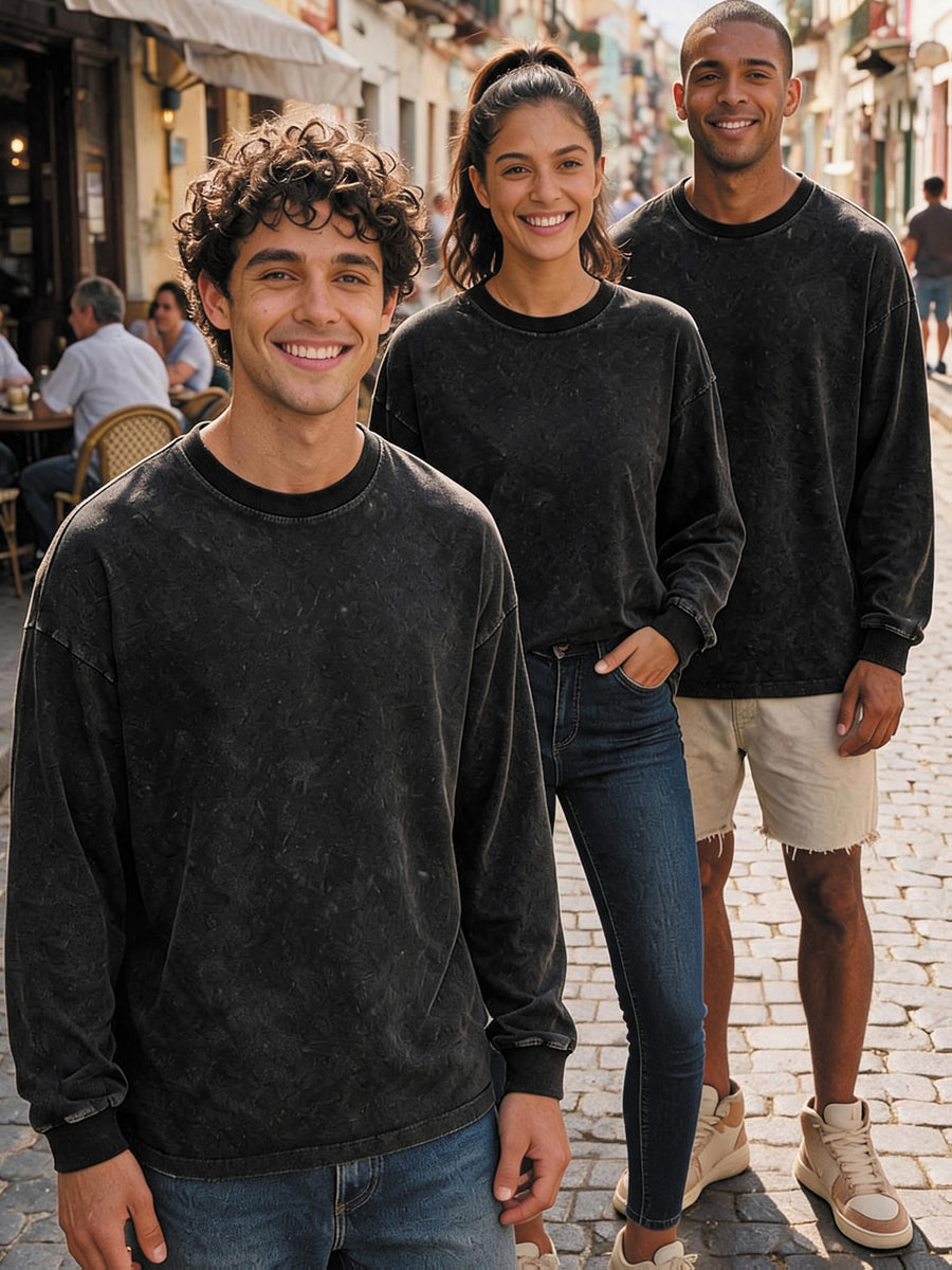 American Retro 3pcs Set Washed Distressed Pure Long Sleeve T-Shirt Loose Casual Unisex Round Neck Base Layer Spring Autumn Couple All-Match Multi-Color Long Sleeve Top - Black