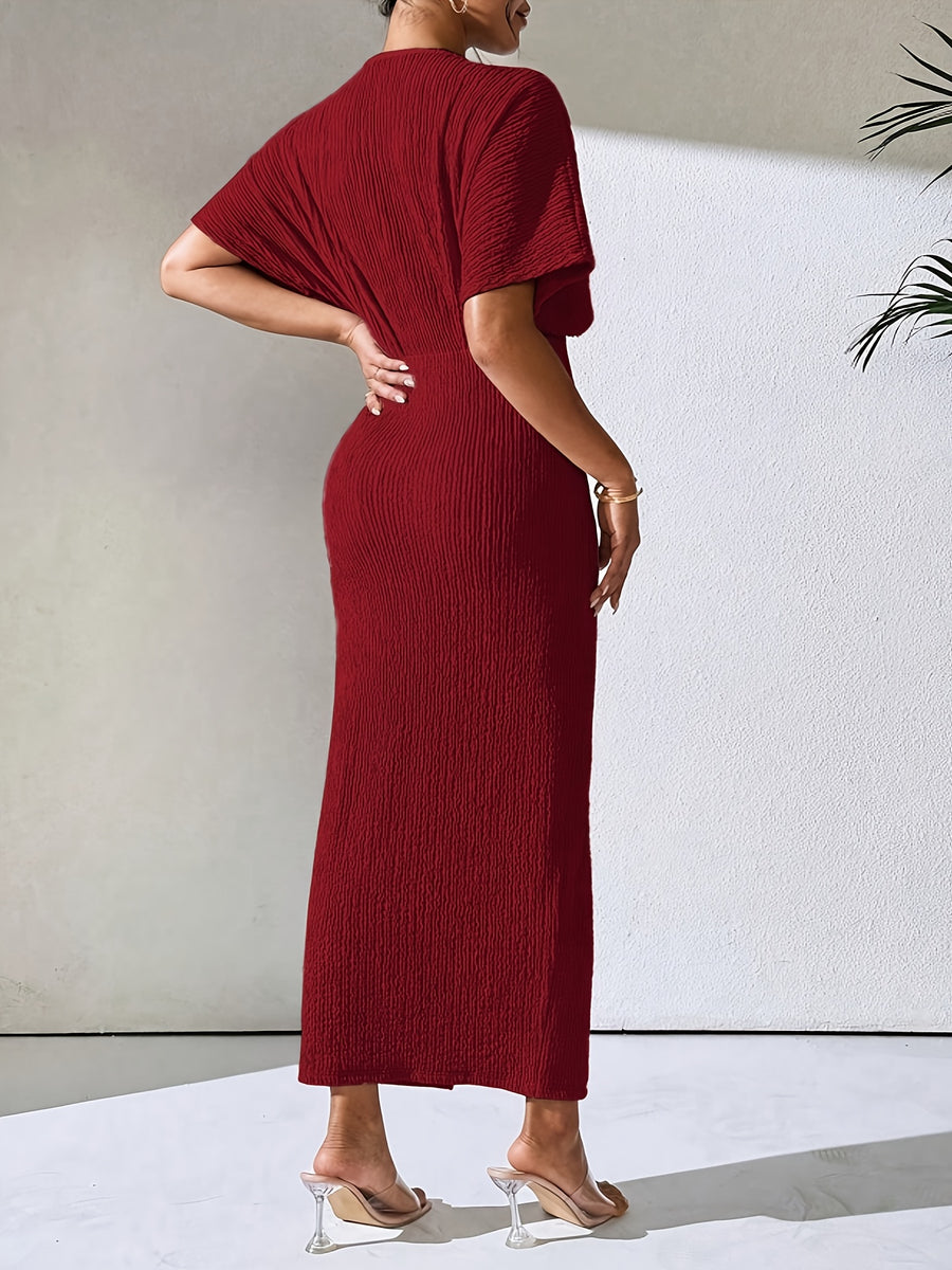 YY0514056 Textured Short Sleeve Batwing Maxi Dress, V-Neck Ruched Elegant Long Gown - Burgundy