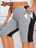 2pcs European and American Style Women's High-Stretch Tummy Control Five-Quarter S Pants, High-Waist Cycling Capris with Dual Pockets - Light Grey+Black