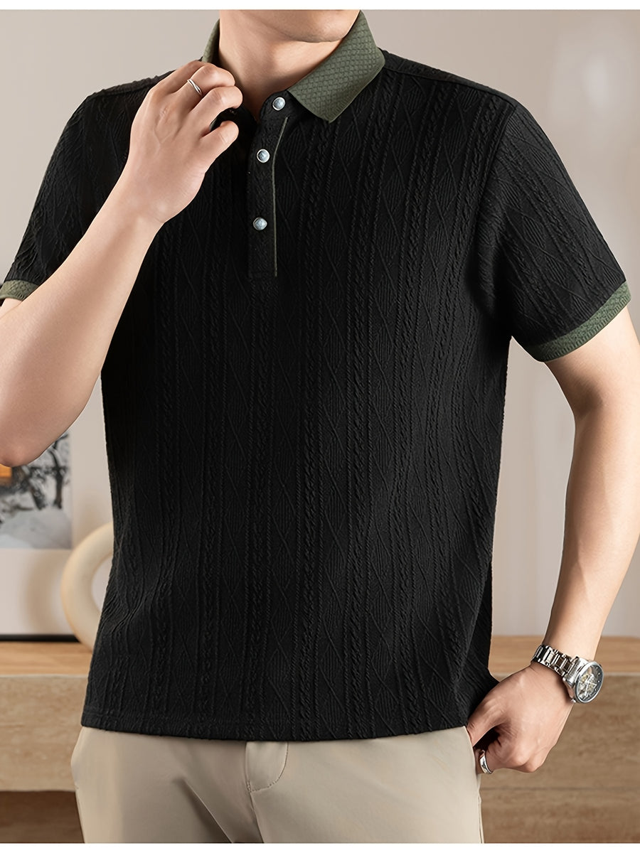 Men's Embossed Jacquard Short-Sleeve Polo Shirt, Available in Multiple Colors, Featuring a Textured, Fine, and Skin-Friendly Fabric with Contrast-Color Lapels. Suitable for Business Commuting, Business Trips, Receiving Guests, Golf, Fishing - Black