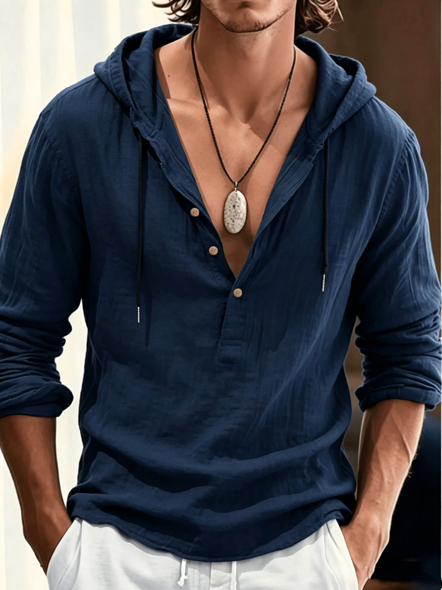 Lightweight Linen Hooded Henley Shirt with Contrast-color Drawstring and Textured Fabric, a Loose-fitting Long-sleeve Top for Daily Commutes and Seaside Outings - Navy Color