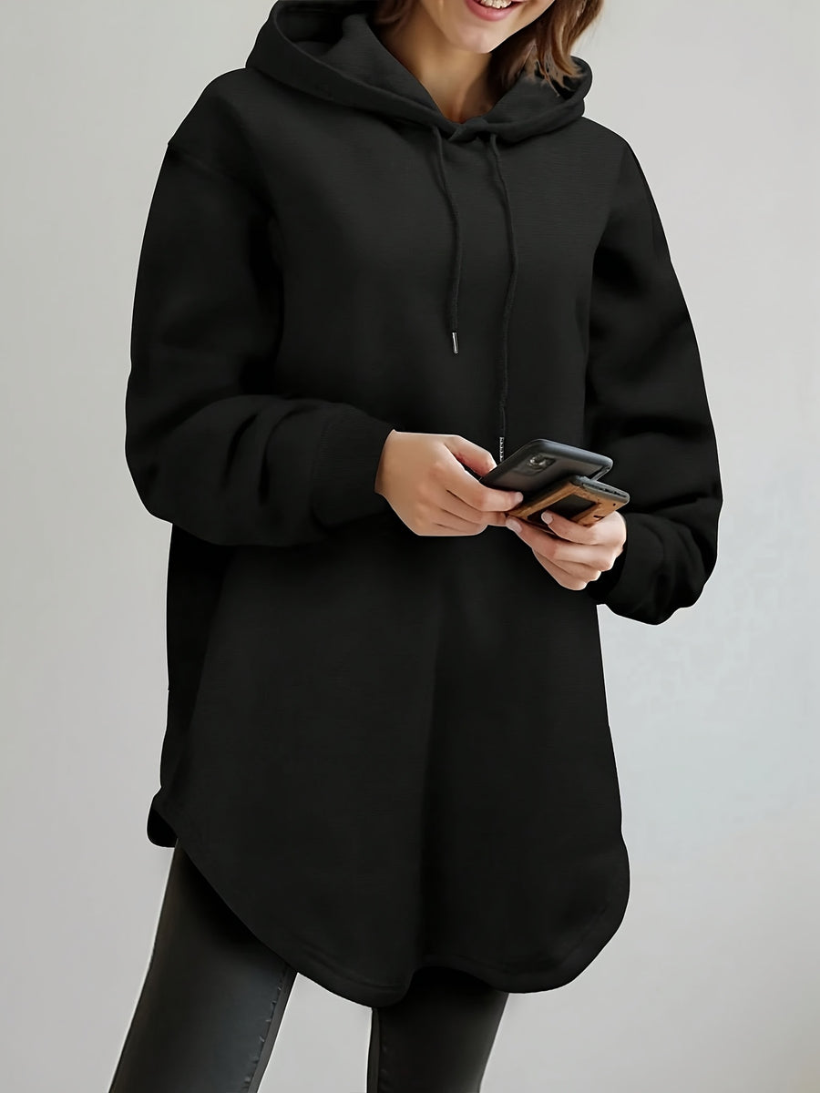 Women'S Solid Shoulder-Lower Long Sleeve Loose sweatshirt with Drawstring - Black