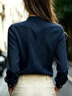 Women'S Solid V-Neck Long Sleeve Commuter Shirt - Navy Color