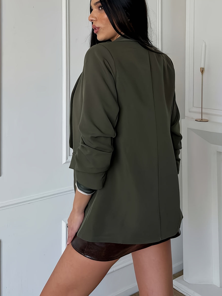 Elegant Women's Casual Four-Season Green Blazer, Shawl Collar with Faux Pockets, Loose-Fit Suit Jacket, Suitable for Daily Commute, Workplace, and Office Wear - Olive Green