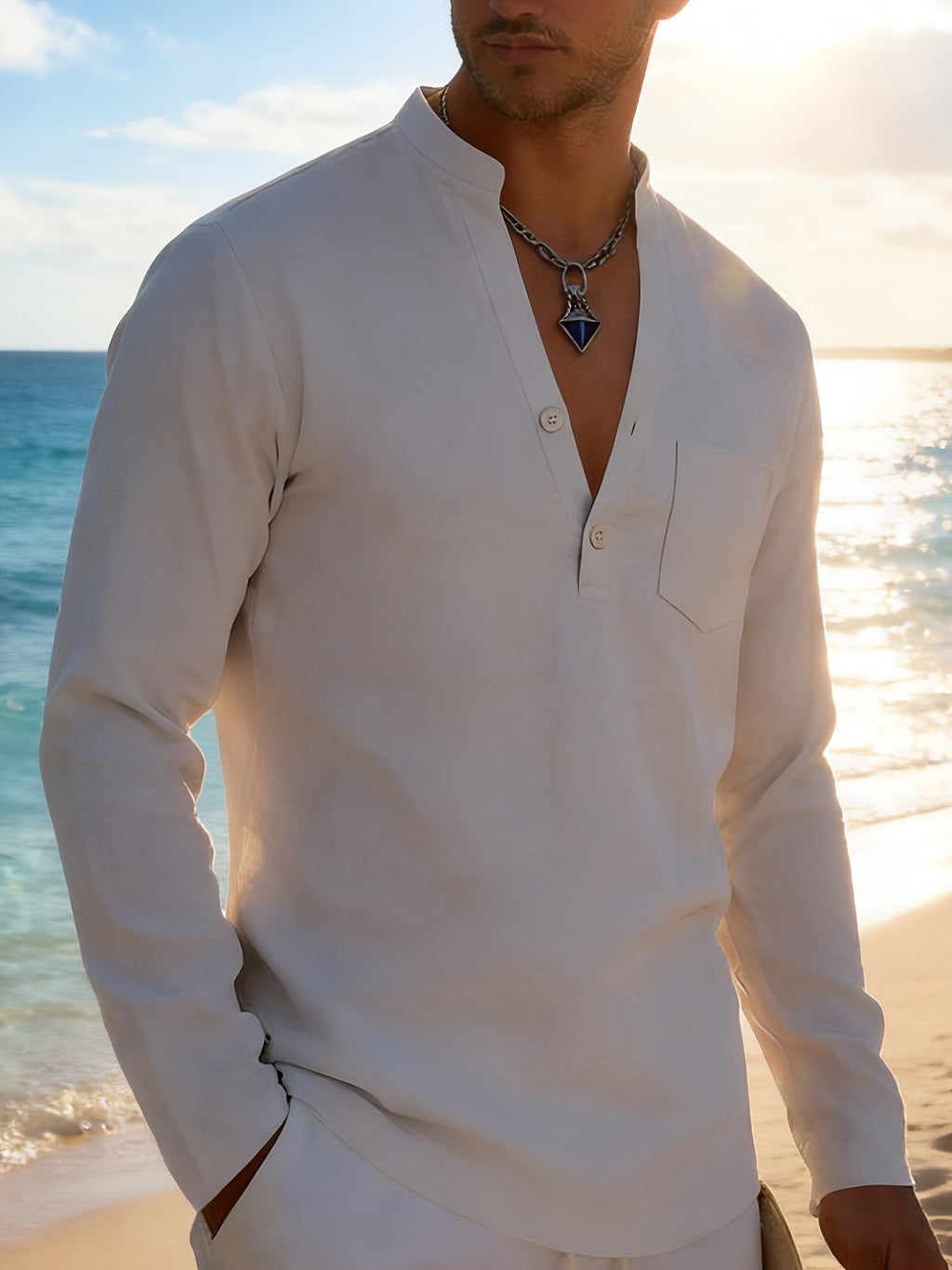 Men's Solid Color Henley Long Sleeve Shirt, Lightweight Breathable Casual Button Up Tops for Summer - White