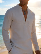 Men's Solid Color Henley Long Sleeve Shirt, Lightweight Breathable Casual Button Up Tops for Summer - White