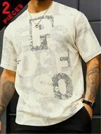 2pcs Men's Short Sleeve T-Shirts, Summer Fashion All-Over Print Short Sleeve Tees, Loose Fit Letter Print Stretch Short Sleeve Sport Tops, Youth Crew Neck Breathable Trendy T-Shirts, Suitable for Daily Wear, College, Street, and Sporty Outfits - 2pcs-Apricot+Black