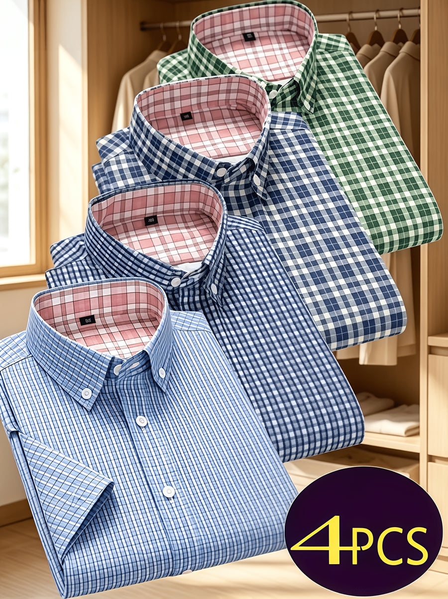 Multi-Color Plaid Men'S Short Sleeve Shirt 4pcs Set, Christmas Gift, Holiday Wear, Office, Date Night, Easy Fit with Festive Style, Casual Wear, Full Holiday Atmosphere, Easy to Get Festive Photos, Easy Cut, Versatile for Layering And Single Wear - Green+Dark Blue+Dark Blue+Light Blue