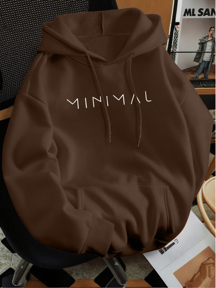 Minimalist Style Letter Print Hooded Sweatshirt, Versatile Top for Daily Casual and Commuting - Coffee Color