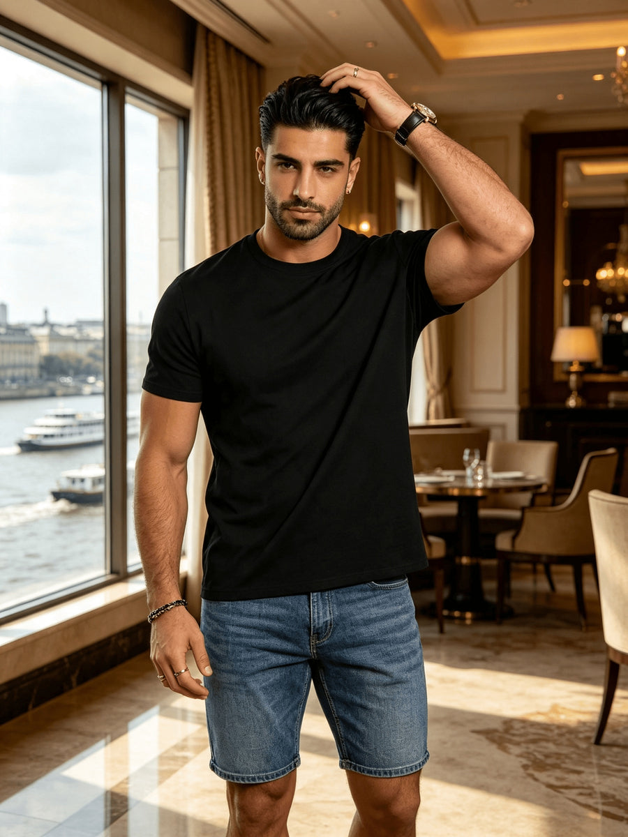 Men's Spring/Summer Solid Color T-Shirt, Short-Sleeve Top, Casual and Breathable, Suitable for Commuting and Outings, Fashionable, Trendy, Simple, and Versatile, a Casual Essential - Black