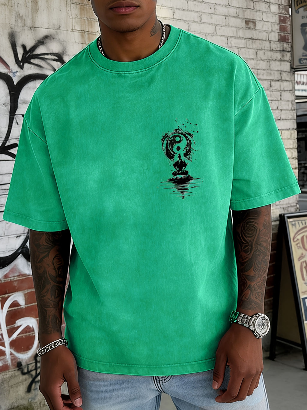 Washed and Distressed Pure Cotton Short-sleeve T-shirt with Trendy Double-sided Print Featuring Tai Chi, Zen, and Meditating Ink Wash Art. Available in 12 Colors for Mix-and-match Styling. Loose-fit Men's Top in High Street Y2K Style - Green