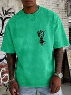 Washed and Distressed Pure Cotton Short-sleeve T-shirt with Trendy Double-sided Print Featuring Tai Chi, Zen, and Meditating Ink Wash Art. Available in 12 Colors for Mix-and-match Styling. Loose-fit Men's Top in High Street Y2K Style - Green