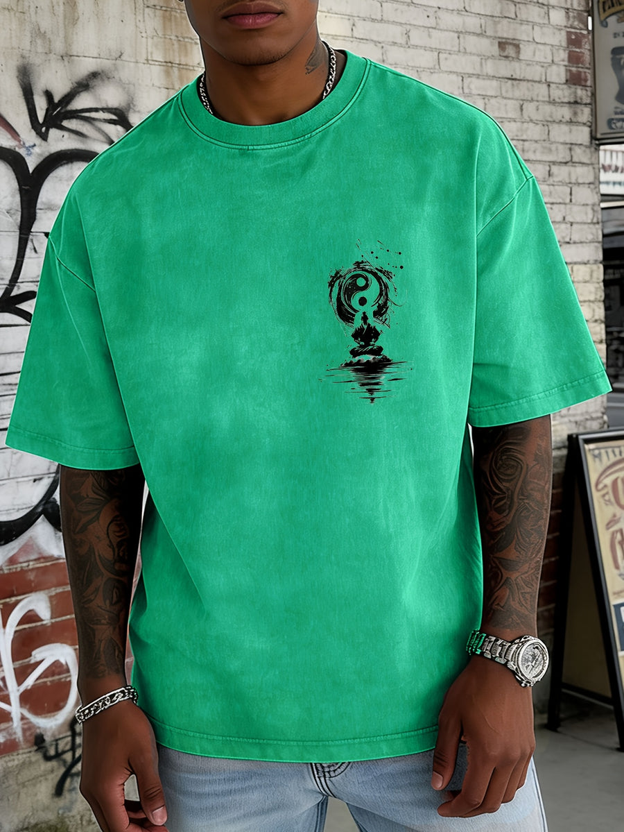 Washed and Distressed Pure Cotton Short-sleeve T-shirt with Trendy Double-sided Print Featuring Tai Chi, Zen, and Meditating Ink Wash Art. Available in 12 Colors for Mix-and-match Styling. Loose-fit Men's Top in High Street Y2K Style - Green
