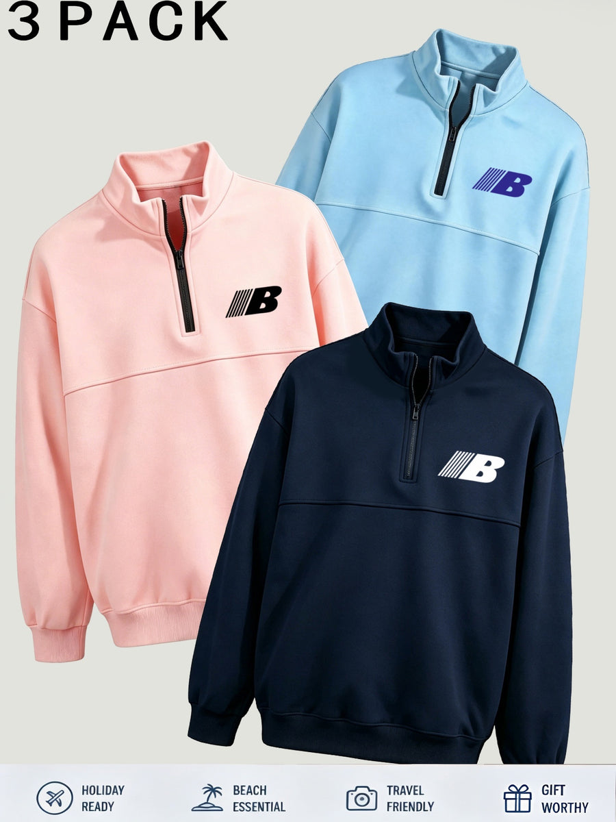 Women's 3pcs Outfit, Half-Zip Stand Collar Printed Sweatshirt, Casual Oversized Drop Shoulder Long Sleeve Top, Lined for Autumn & Winter, Versatile Slim-Fit - Sky Blue + Pink + Navy Blue