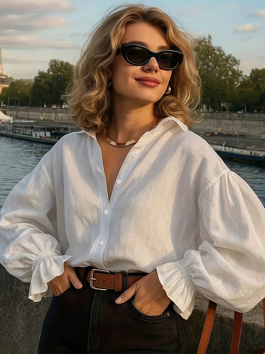 Women's White Lapel Shirt, Loose Puff Sleeve Blouse, Casual Long-sleeve Top, Elegant French-style Women's Shirt - White