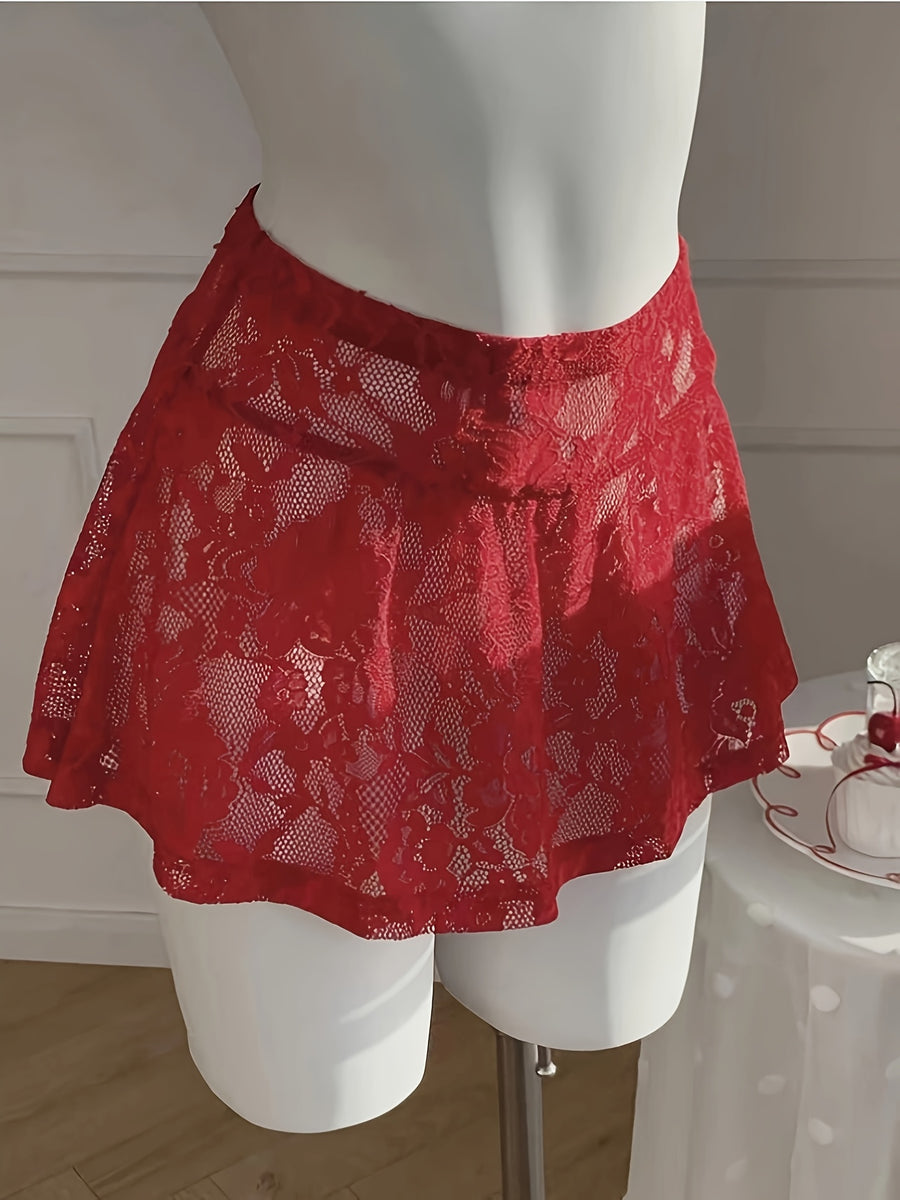 Women'S Sexy Nightclub Sheer Lace Mini Skirt, Valentine'S Day Gift "Circle Direction" - Red