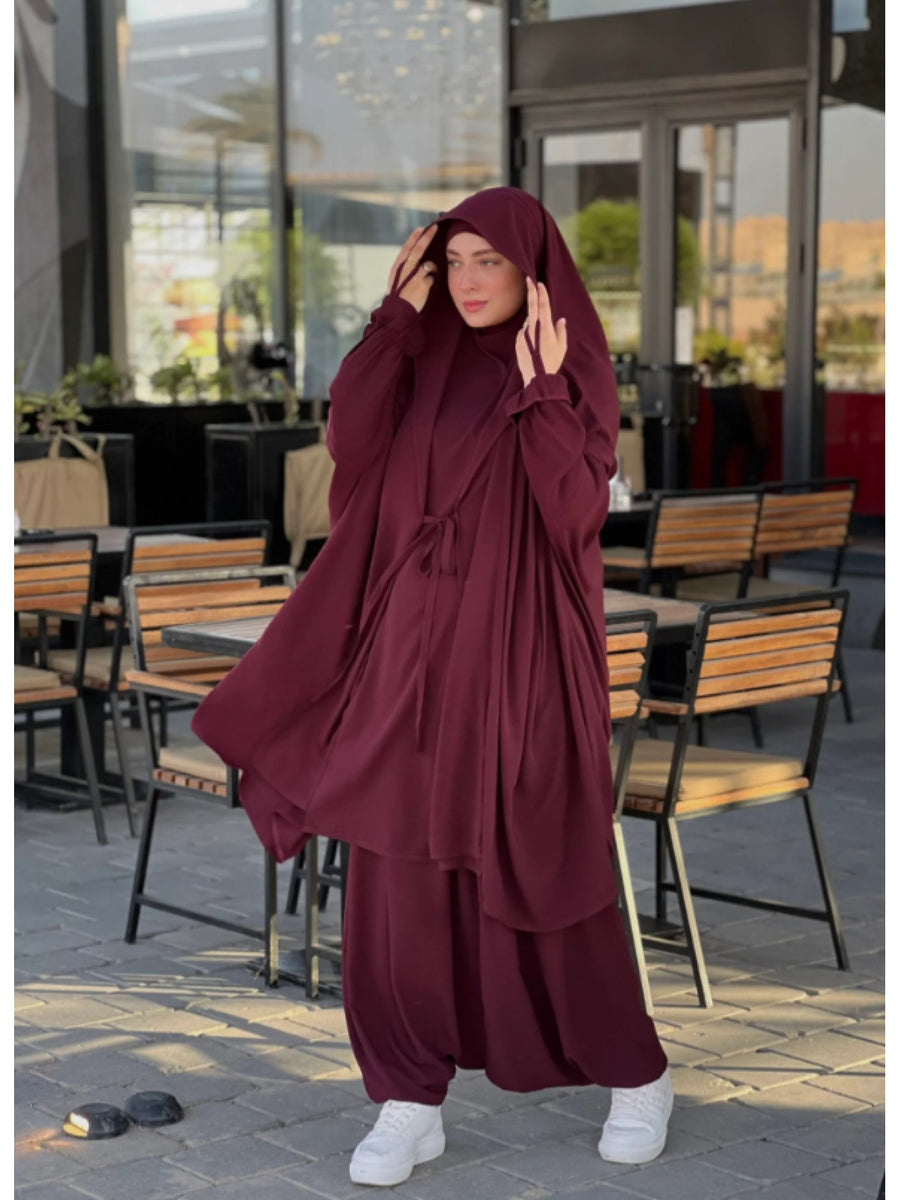 New Women'S Middle Eastern Dubai Turkish Abaya Headscarf Matching Casual Pants Set P303 - Burgundy