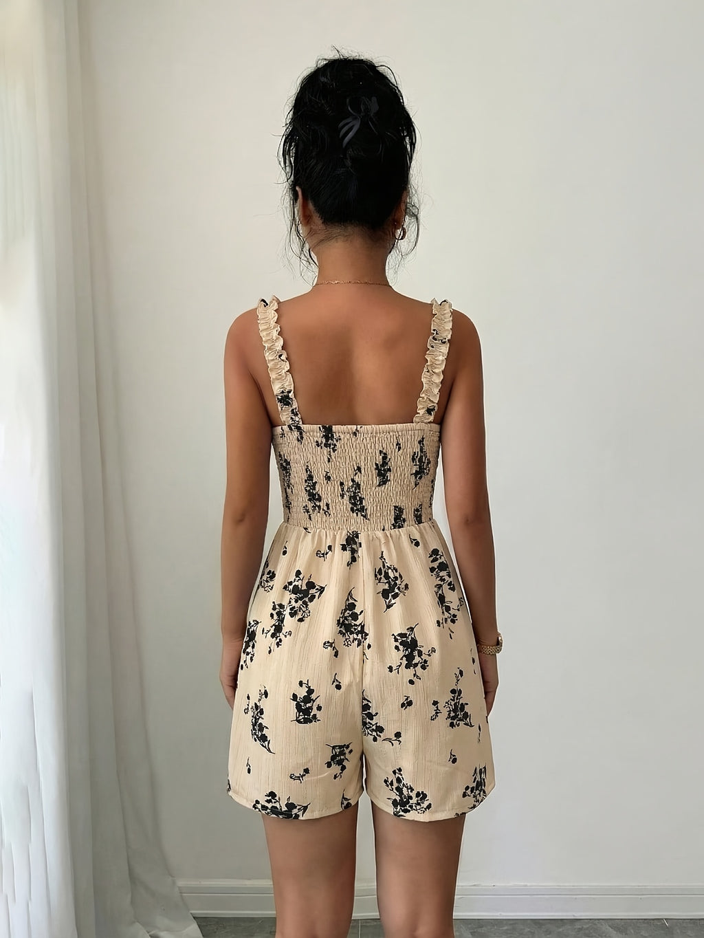 Women'S Summer New Print Jumpsuit, Waist-Cinching, Slim-Fit, Casual Resort Style, Ruffle Strap Jumpsuit - Khaki