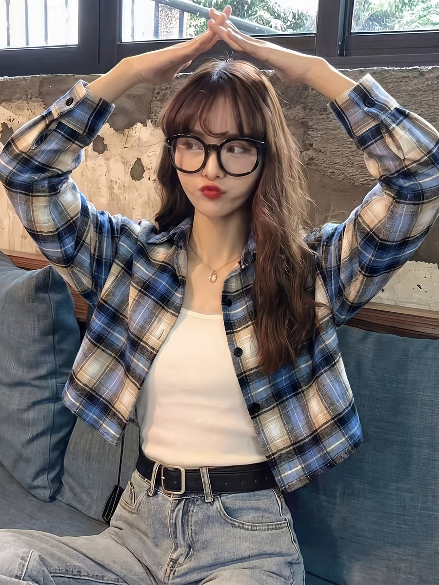 Short Sleeve Plaid Long Sleeve Casual Shirt for Women - Royal Blue Plaid