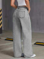 DK85608 X Y2K High-Waist Grey Washed Wide-Leg Jeans - 90S Retro Loose Women'S Denim, Slight Stretch Casual Street Style - Grey