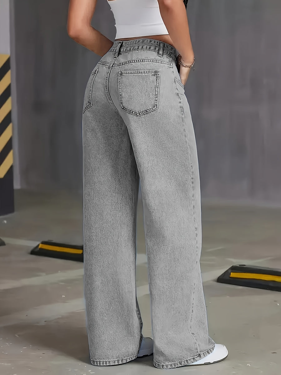 DK85608 X Y2K High-Waist Grey Washed Wide-Leg Jeans - 90S Retro Loose Women'S Denim, Slight Stretch Casual Street Style - Grey