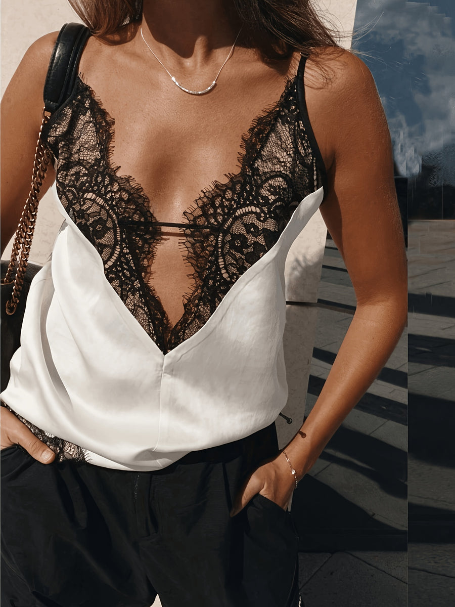 Versatile and Elegant Lace Petal Trimmed Hollow-out V-neck Spaghetti Strap Loose-fit Tank Top - White
