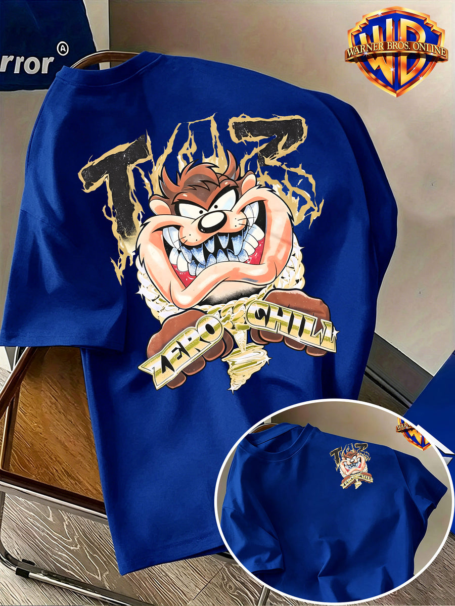 Warner Bros. Authentic Men's 100% Cotton Short-Sleeve T-Shirt with American-Style Illustrated Cartoon Print. Features a Dynamic Cartoon Beast Design with Golden-toned Accents for a Striking Visual Impact, Effortlessly Creating an Eye-catching Summer - Royal Blue
