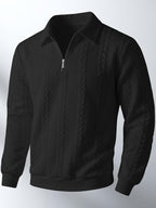 Autumn Winter Men'S Zipper Lapel Sweatshirt, Fashion Jacquard Long Sleeve Collared Shirt - Black