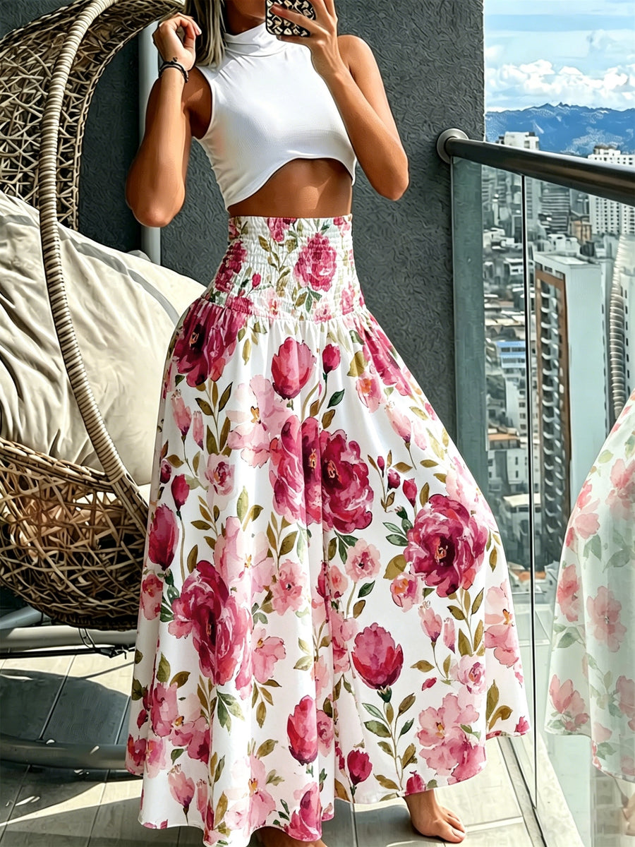 Women'S Floral Print Wide-Leg Pants High-Waist Ruched Waist Bohemian Style Long Trousers Flowy Vacation Pants - Multicolor 1