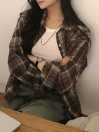 Women'S Shirt Multicolor Brushed Plaid Shirt Loose Top - Coffee Brown