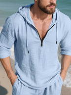 Men's Casual Vacation Style Half-Zip Hoodie, Lightweight and Breathable Material, for Outdoor Streetwear and Beachside Leisure Wear - Sky Blue